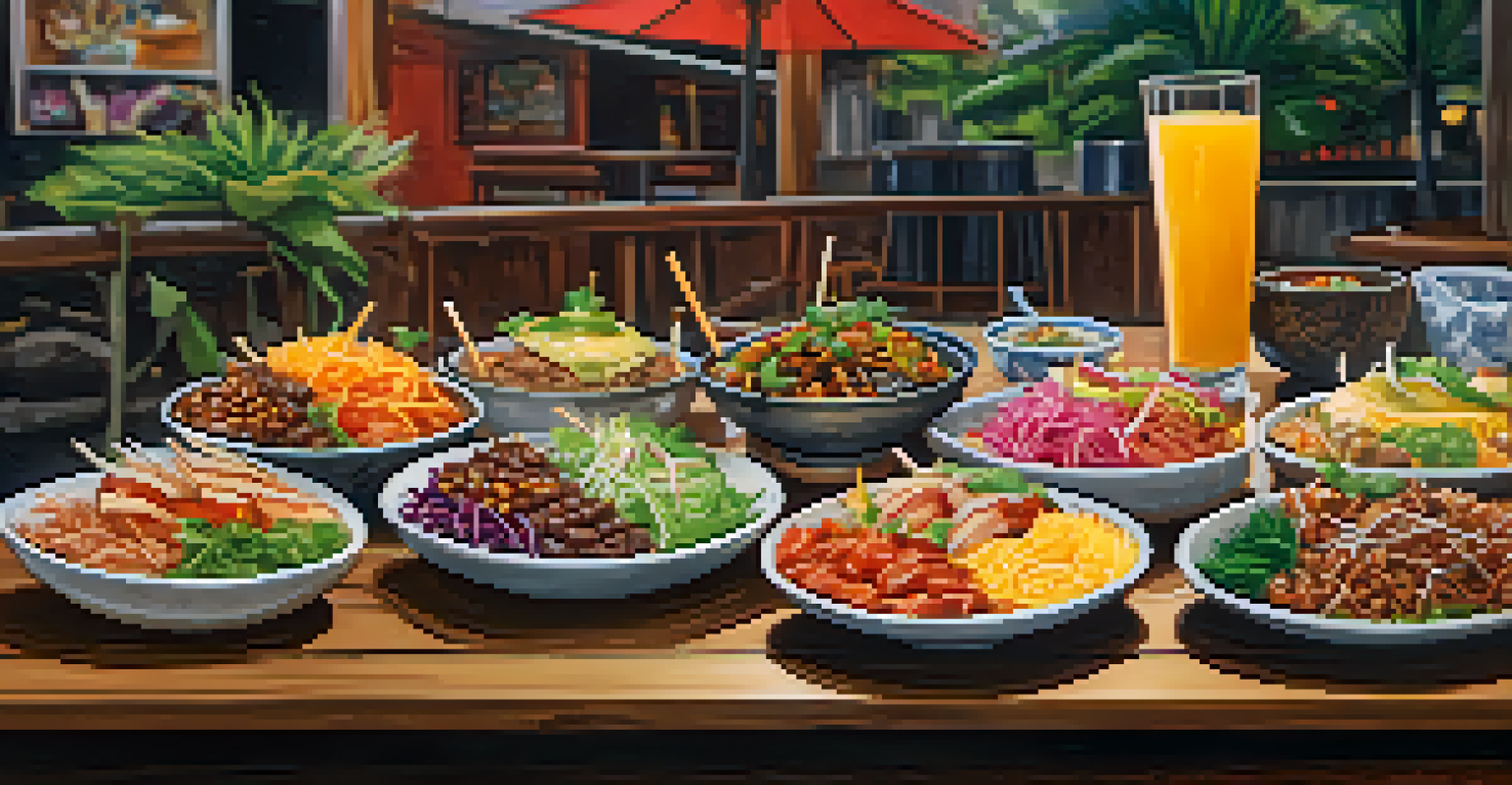 A variety of fusion dishes from Honolulu, featuring Korean BBQ tacos and poke bowls, displayed on a rustic wooden table with colorful garnishes.