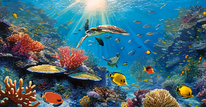 A colorful underwater coral reef filled with various fish and sea turtles, illuminated by sunlight.