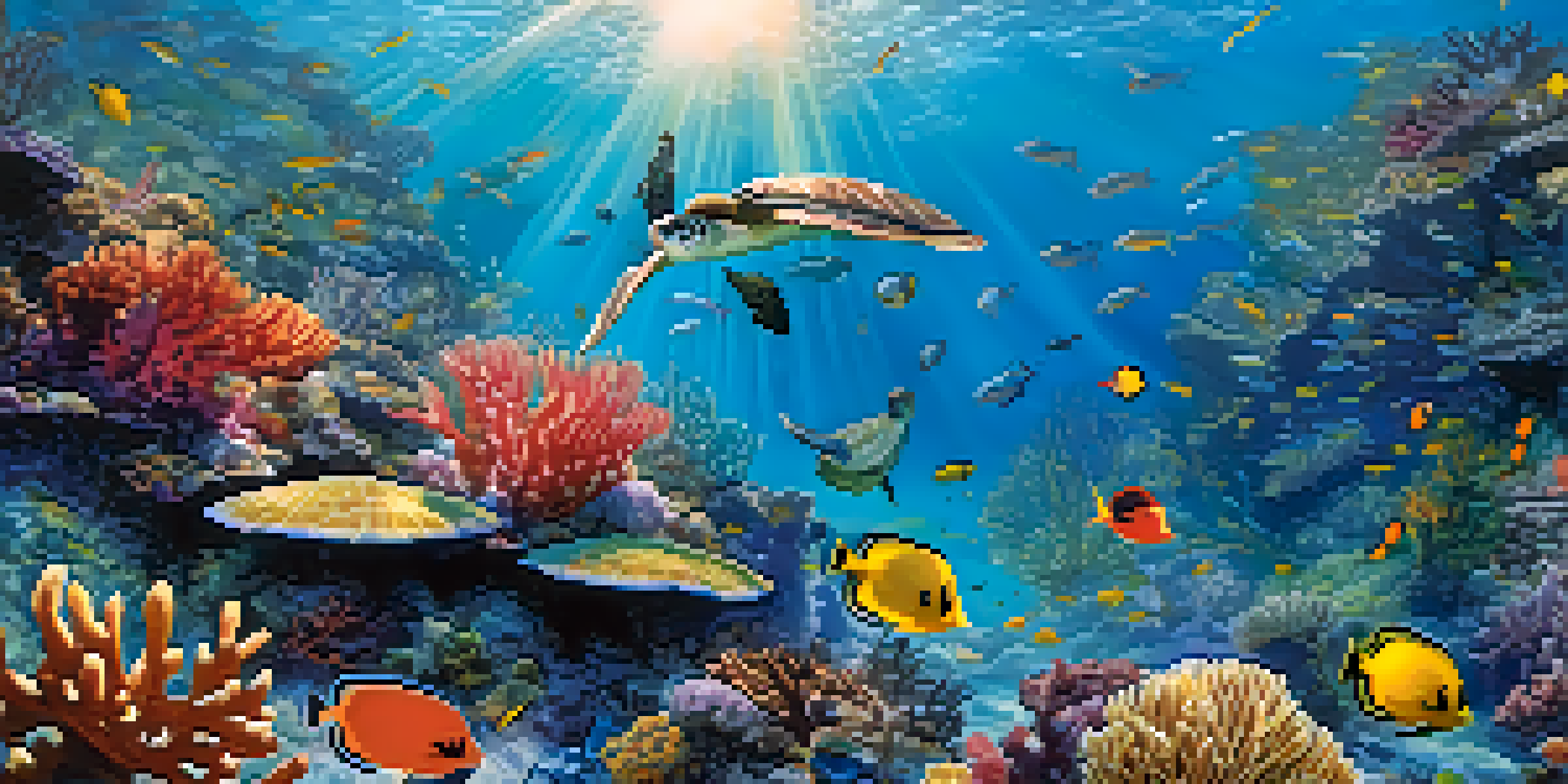 A colorful underwater coral reef filled with various fish and sea turtles, illuminated by sunlight.