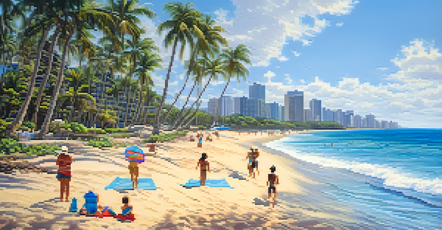A beautiful Hawaiian beach with golden sand and calm waves. Snorkelers are getting ready to enter the water, surrounded by palm trees.