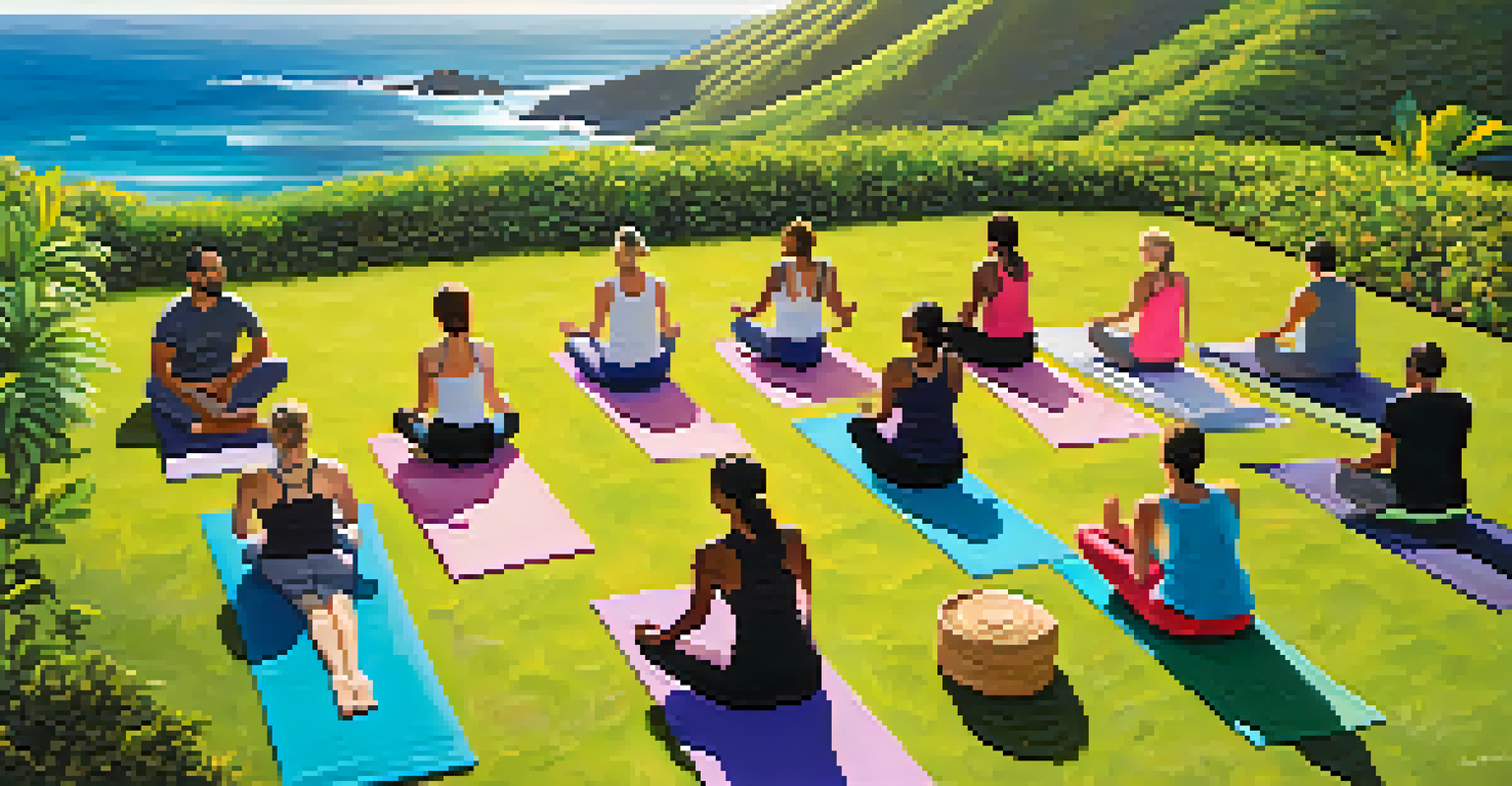 A group of people practicing yoga together on a hill with an ocean view, showcasing a sense of community.