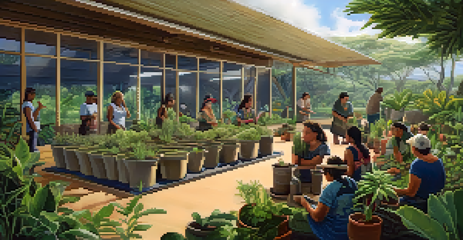 A community workshop focused on native Hawaiian plant conservation, with participants planting native species and educational materials visible in a bright, welcoming space.