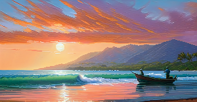 A peaceful Hawaiian coastline at sunrise with a colorful fishing boat and fishermen utilizing sustainable fishing methods near a vibrant coral reef.