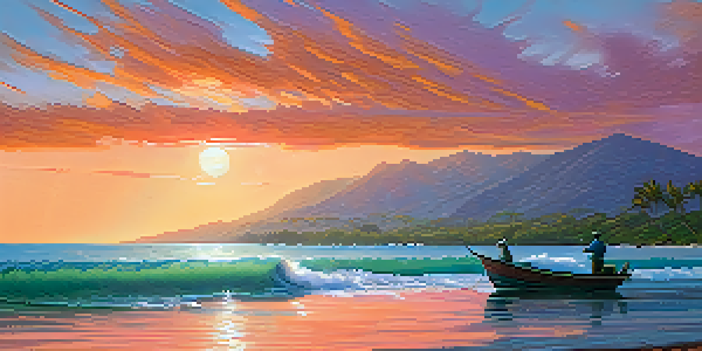 A peaceful Hawaiian coastline at sunrise with a colorful fishing boat and fishermen utilizing sustainable fishing methods near a vibrant coral reef.