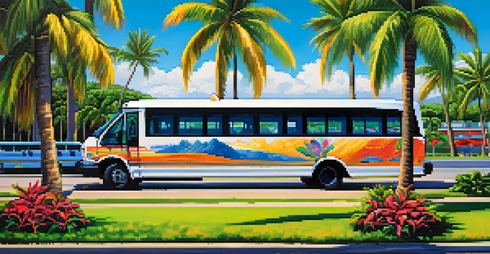 A colorful airport shuttle bus at Honolulu airport with palm trees and tropical flowers, passengers boarding, and a clear blue sky.