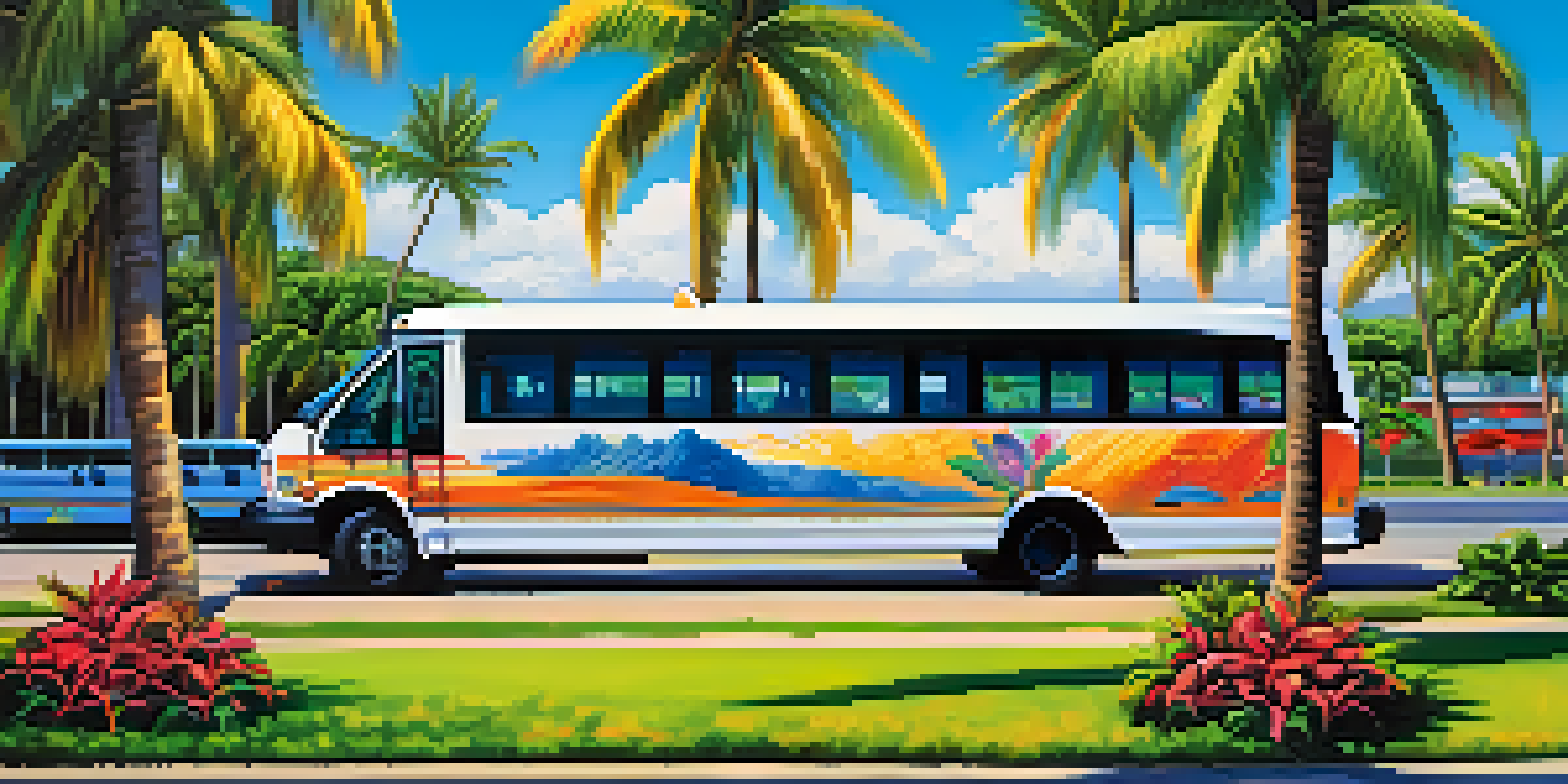 A colorful airport shuttle bus at Honolulu airport with palm trees and tropical flowers, passengers boarding, and a clear blue sky.