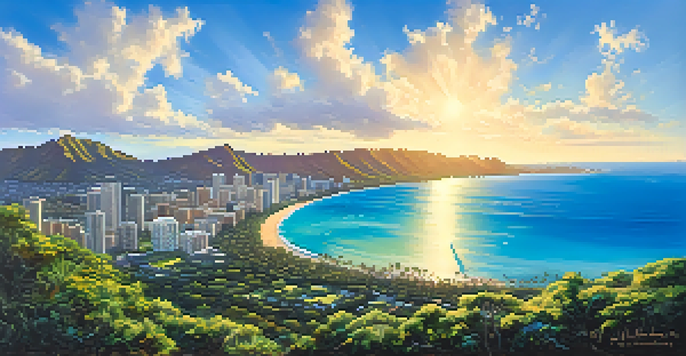 A breathtaking panoramic view from the summit of Diamond Head, featuring the ocean, city, and greenery under a bright sky.