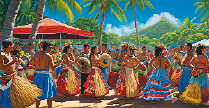 A lively outdoor festival scene with artists in traditional costumes performing hula and musicians playing instruments, surrounded by colorful decorations and tropical plants.