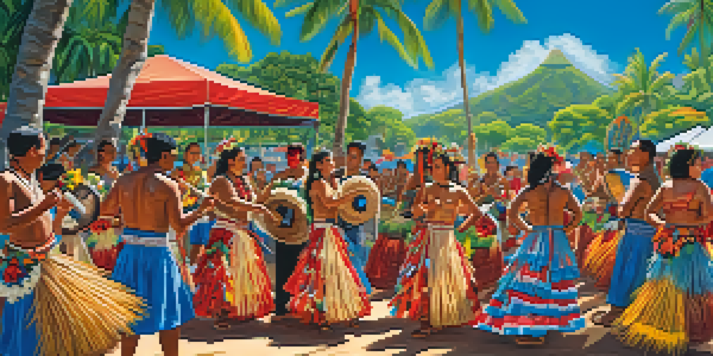 A lively outdoor festival scene with artists in traditional costumes performing hula and musicians playing instruments, surrounded by colorful decorations and tropical plants.