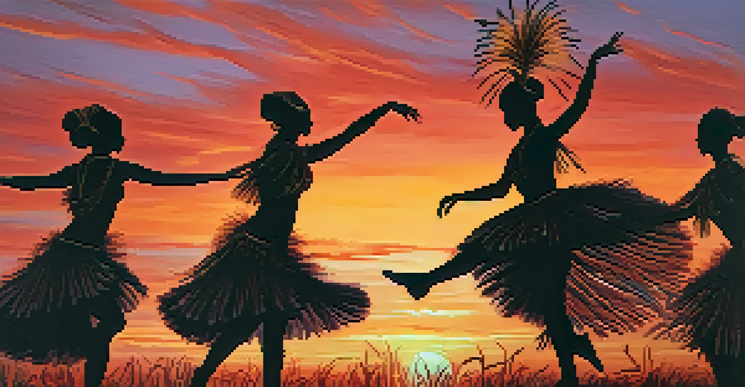 Silhouettes of dancers in traditional costumes performing at sunset, with a colorful sky providing a dramatic background.