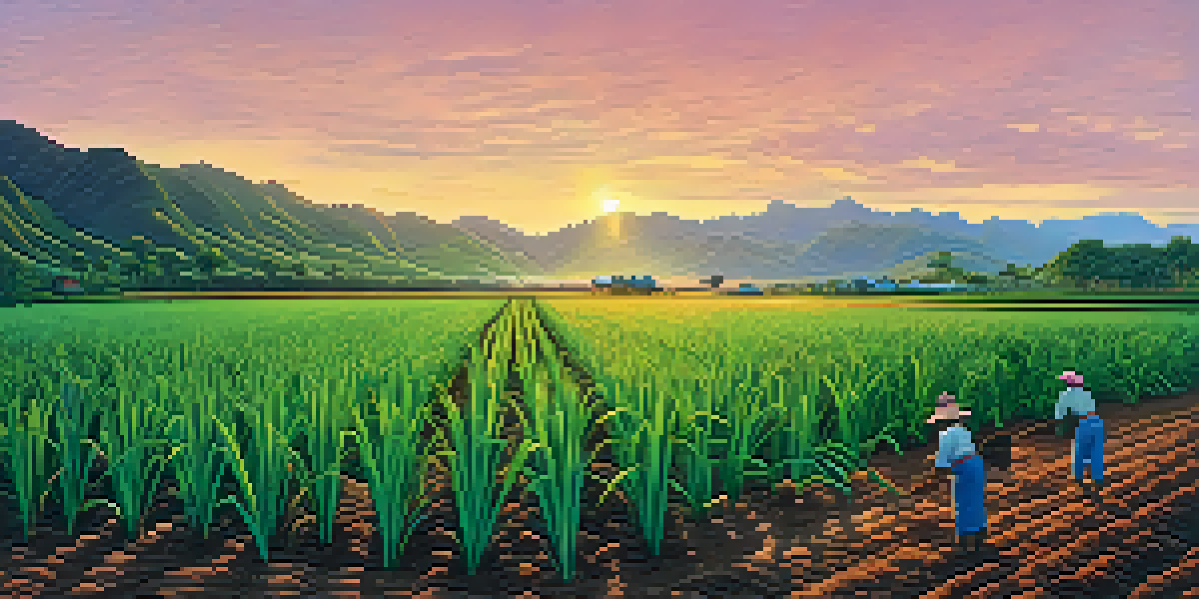 A beautiful sunrise over a lush Hawaiian sugar plantation, with workers harvesting sugarcane in the foreground.