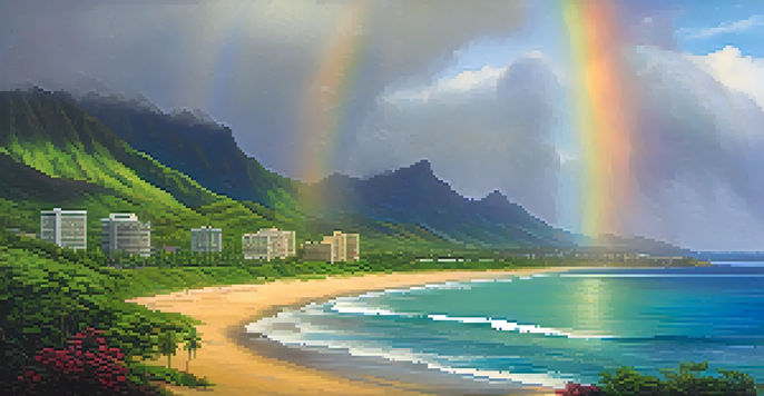 A lush green landscape of Honolulu with a rainbow over a beach, partly cloudy sky and sunlight breaking through the clouds.