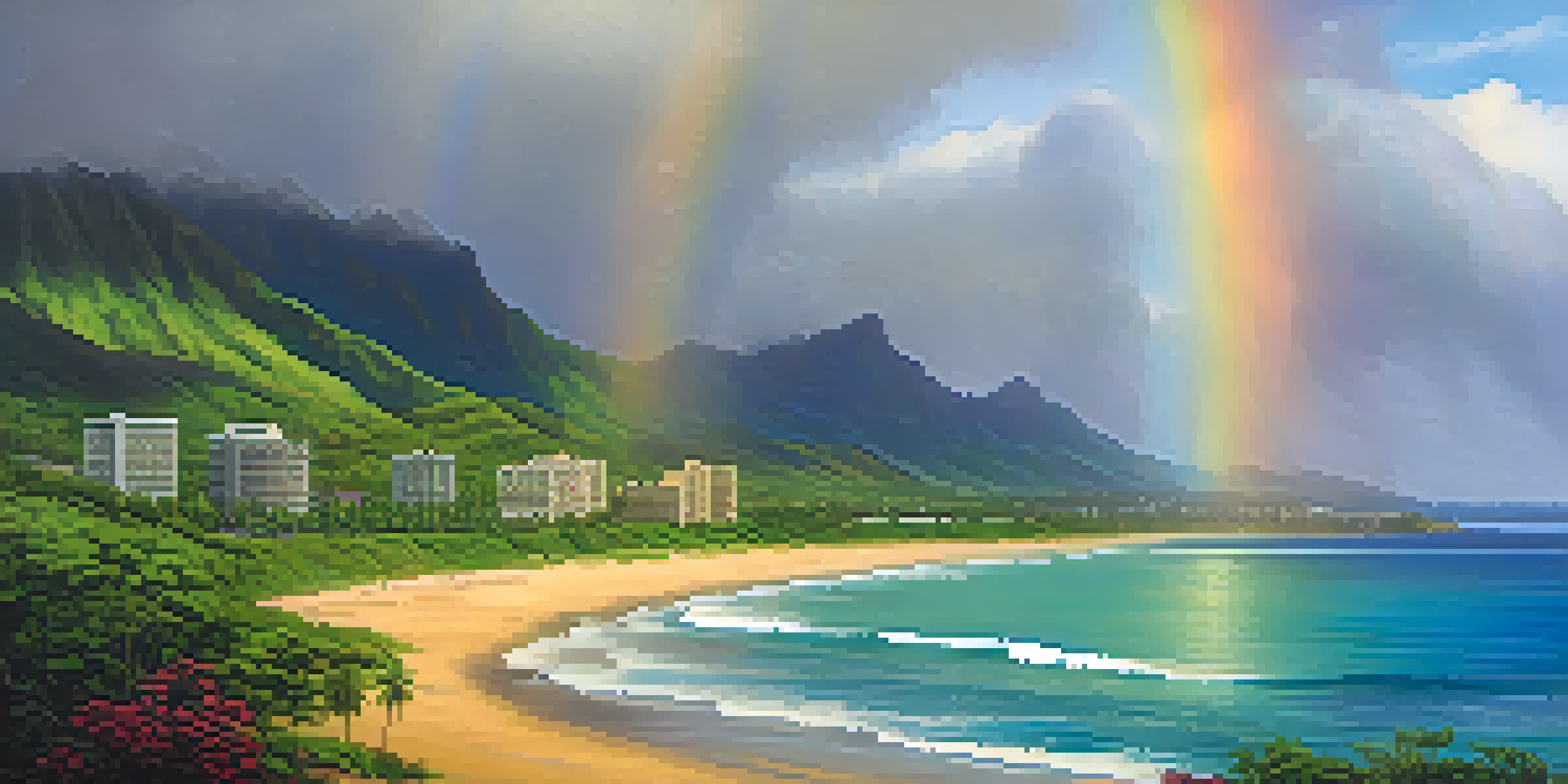 A lush green landscape of Honolulu with a rainbow over a beach, partly cloudy sky and sunlight breaking through the clouds.