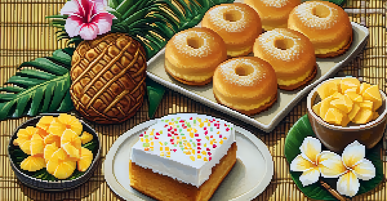 A selection of Hawaiian desserts arranged beautifully on a mat, showcasing haupia, malasadas, and pineapple upside-down cake.