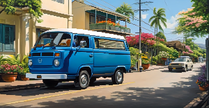 A peaceful scene of TheHandi-Van assisting a passenger in a wheelchair, surrounded by blooming flowers and a sunny sky.