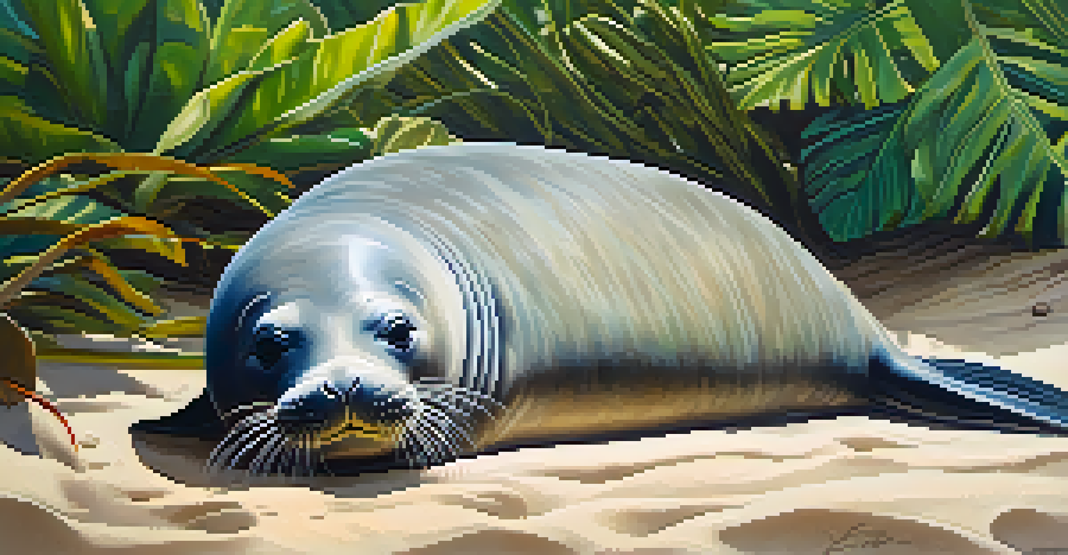 A Hawaiian monk seal lounging on the beach with tropical plants and ocean in the background.
