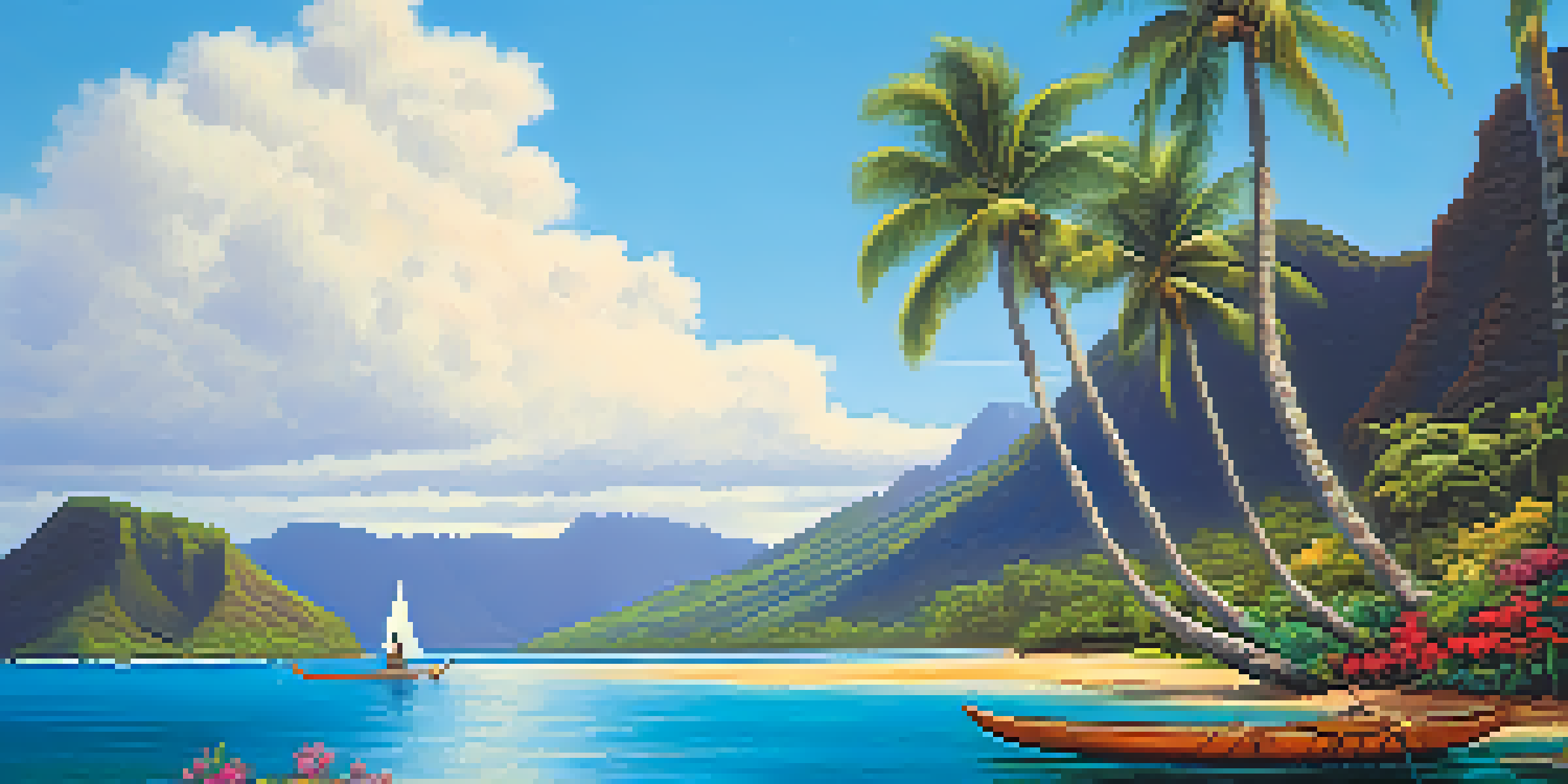 A picturesque Hawaiian landscape featuring a canoe on turquoise water, surrounded by green mountains and palm trees under a clear sky.