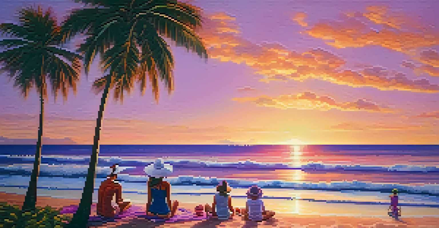 A calm beach scene at sunset in Honolulu with a family applying sunscreen and enjoying the beach, surrounded by palm trees.