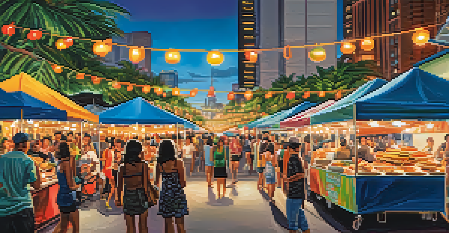 A lively night market scene with food trucks and people enjoying Hawaiian cuisine under string lights.