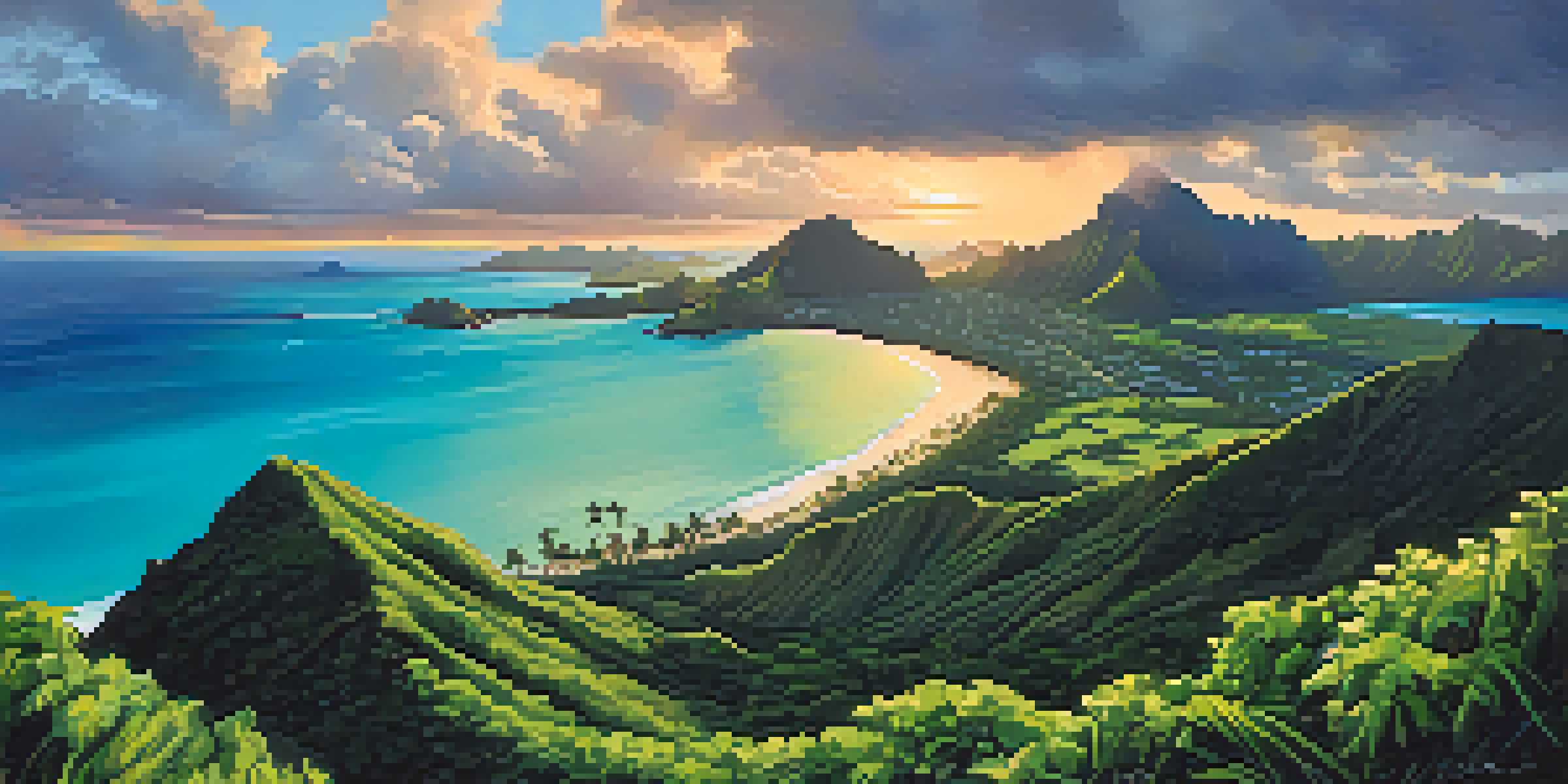 A panoramic view from the top of the Lanikai Pillbox Hike, highlighting the vibrant blue ocean and green hills under a warm sunrise.