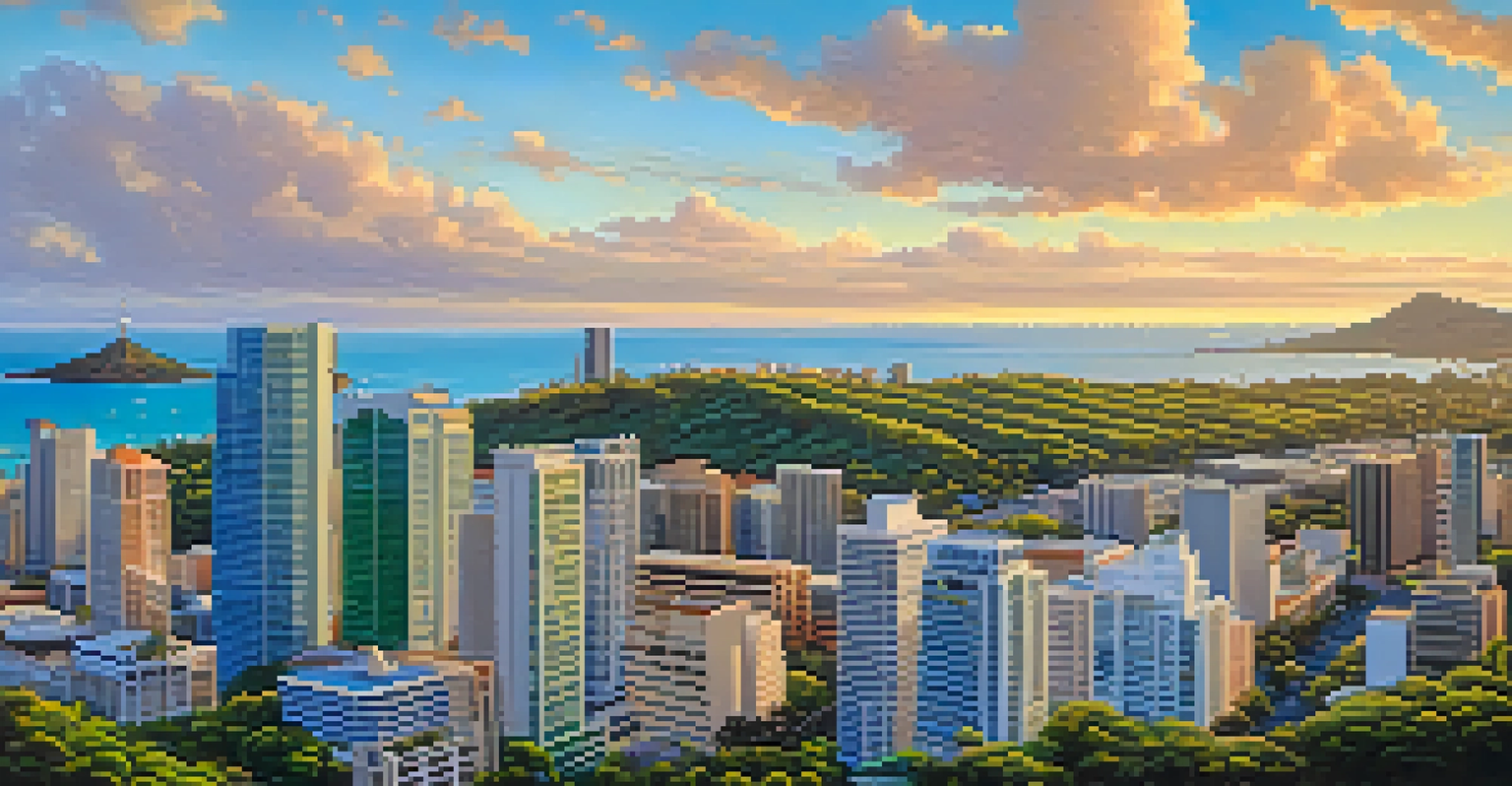 An aerial perspective of downtown Honolulu highlighting skyscrapers, historic buildings, and the ocean, with visible traffic on the streets.