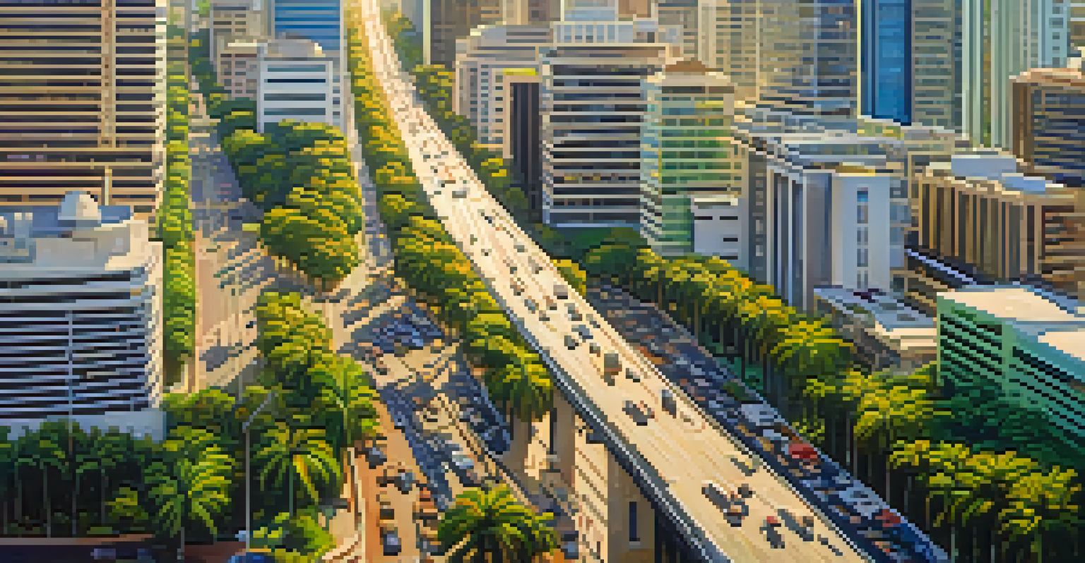 An aerial view of Honolulu during rush hour, showing busy highways and a mix of skyscrapers and green parks under golden afternoon light.