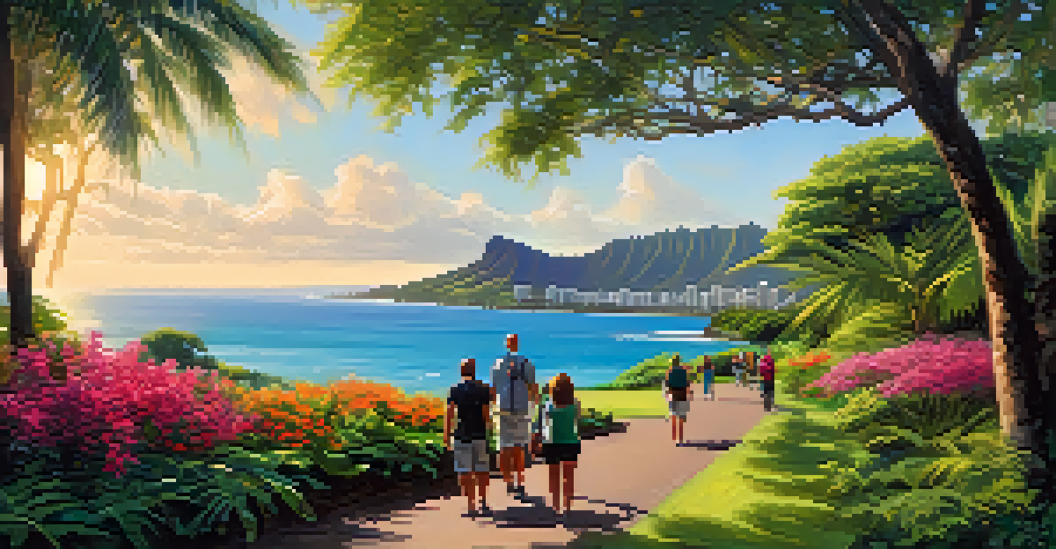 A scenic nature trail in Kapiolani Park with an accessible path, tourists enjoying the views of the ocean and Diamond Head.