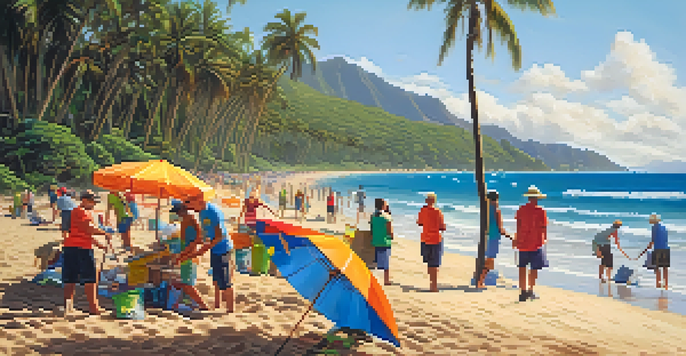 Volunteers participating in a beach cleanup event in Honolulu, surrounded by palm trees and colorful umbrellas under a sunny sky.