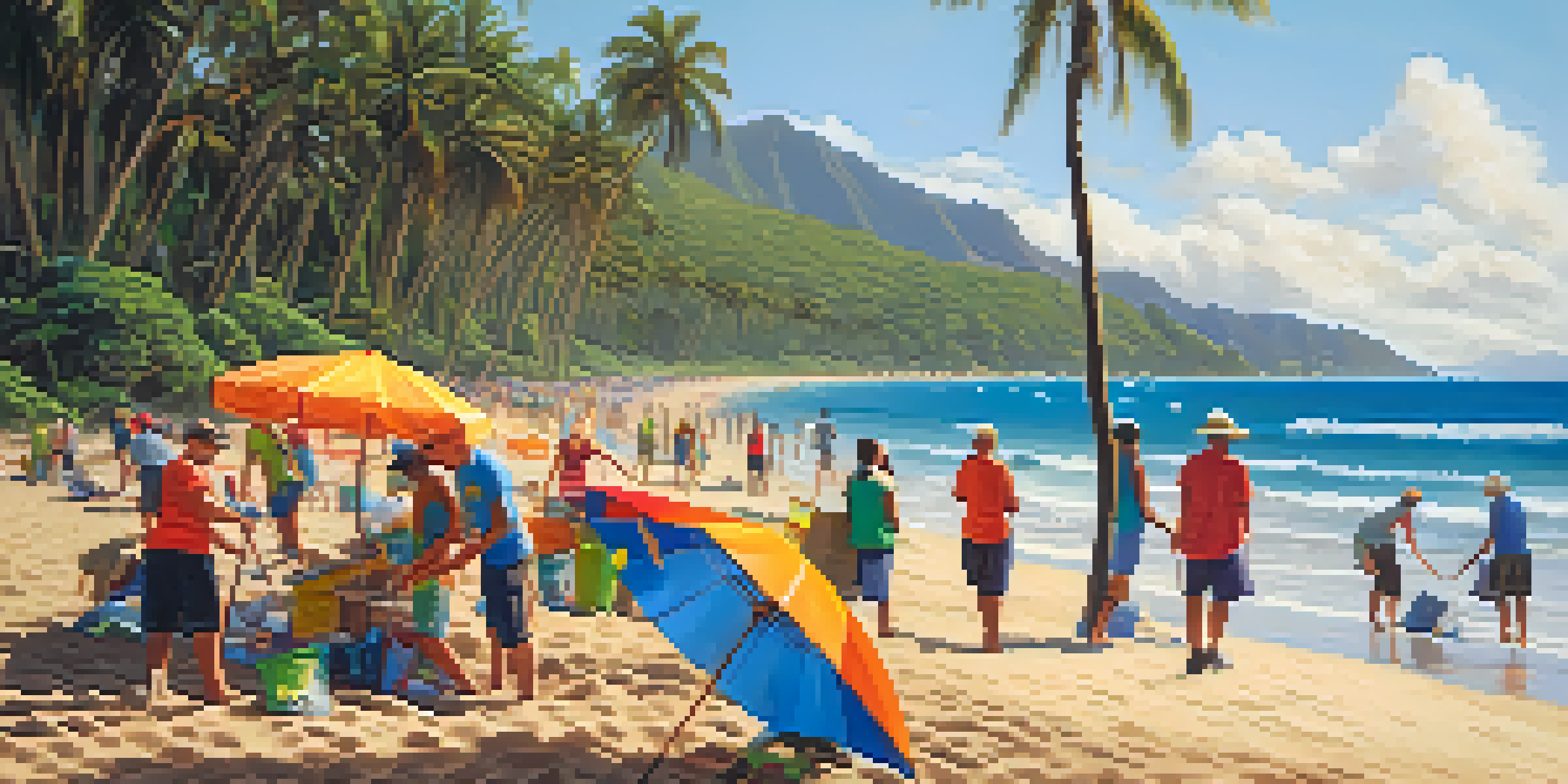 Volunteers participating in a beach cleanup event in Honolulu, surrounded by palm trees and colorful umbrellas under a sunny sky.