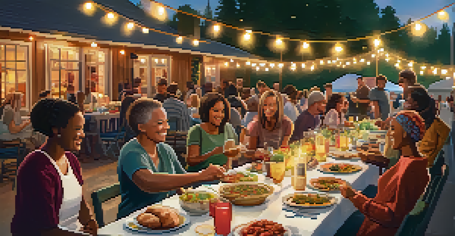 A lively outdoor potluck dinner with families sharing diverse dishes, decorated with strings of lights creating a warm atmosphere.