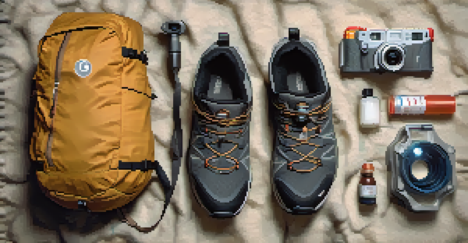 Essential night hiking gear including a headlamp, map, and first-aid kit displayed on a textured surface.