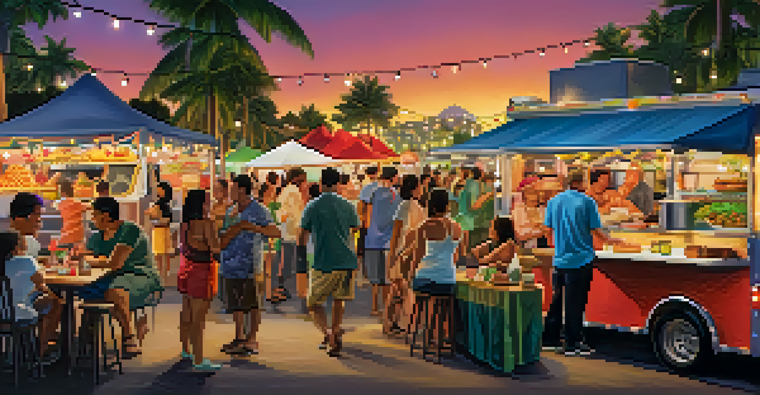 A lively food truck festival in Hawaii at night, with illuminated trucks and people enjoying food and live music.