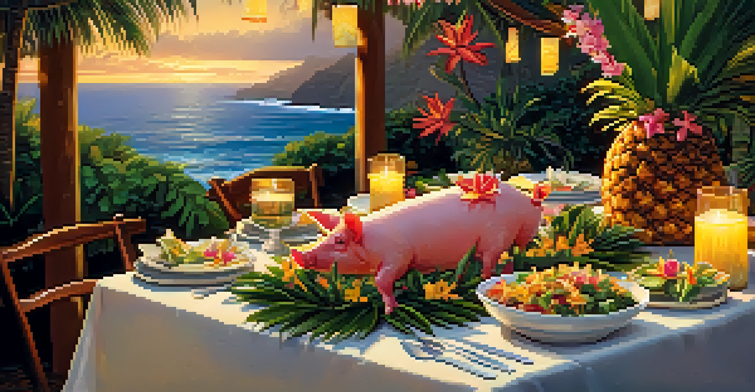 A beautifully arranged table for a Hawaiian luau with traditional dishes and tropical decorations.