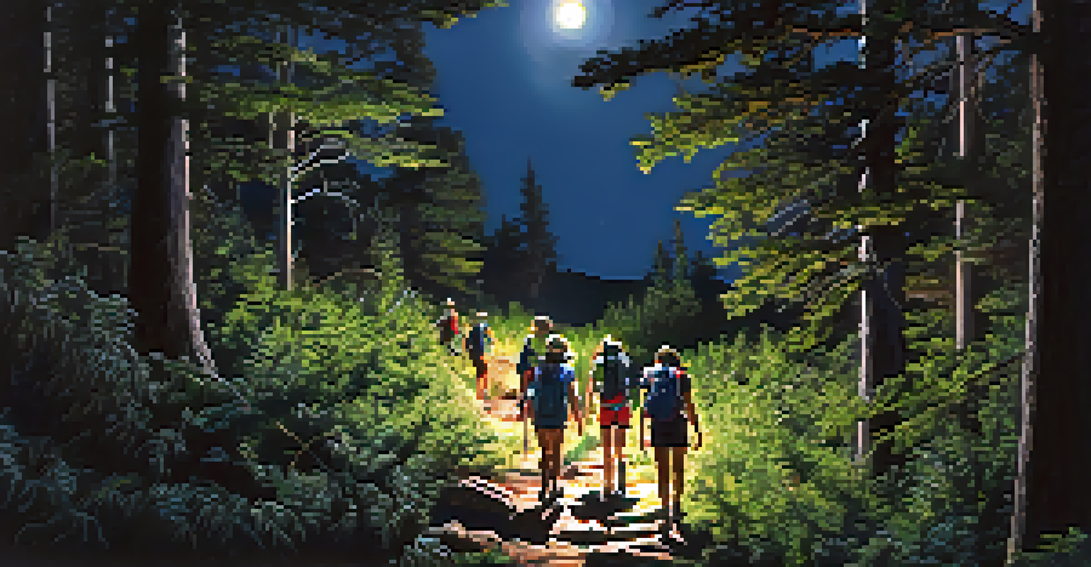 A group of hikers on a night hike using headlamps, surrounded by lush foliage under a moonlit sky.