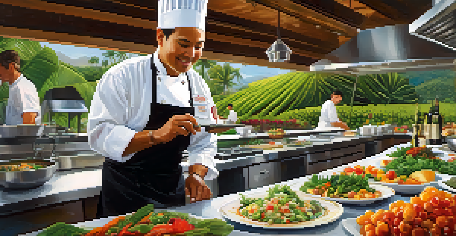 A chef preparing gourmet Hawaiian dishes at the Kapalua Wine & Food Festival, with fresh ingredients and beautifully arranged plates.