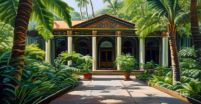 A peaceful scene at the Bishop Museum in Honolulu, highlighting its beautiful architecture and surrounding tropical gardens with people walking along the paths.