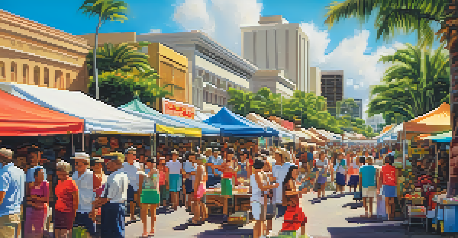 A lively street scene in Honolulu with people enjoying a cultural festival filled with food, performances, and decorations.