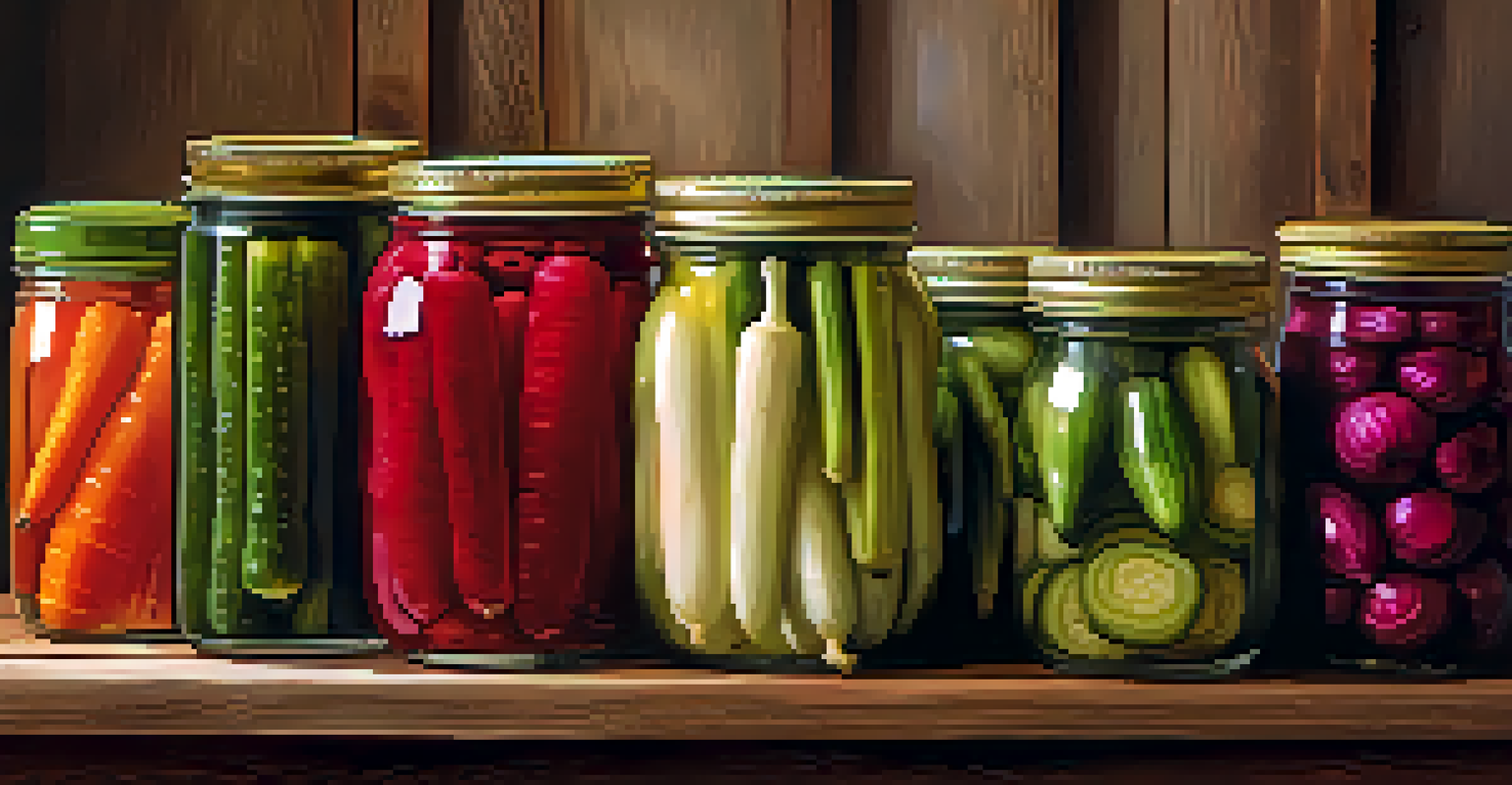 A rustic table filled with jars of colorful pickled vegetables, beautifully arranged in soft lighting.