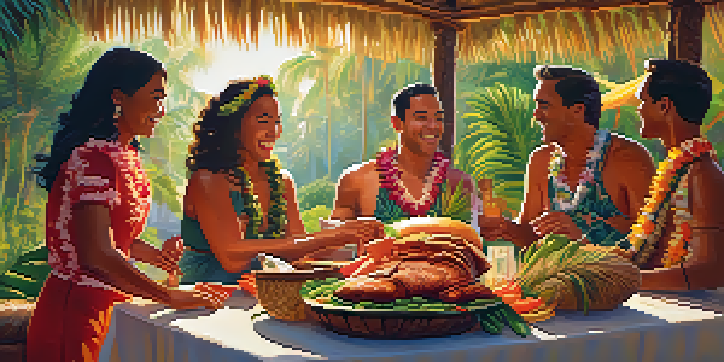 A lively Hawaiian luau with people gathering around an imu, preparing food in a tropical setting bathed in warm sunlight.