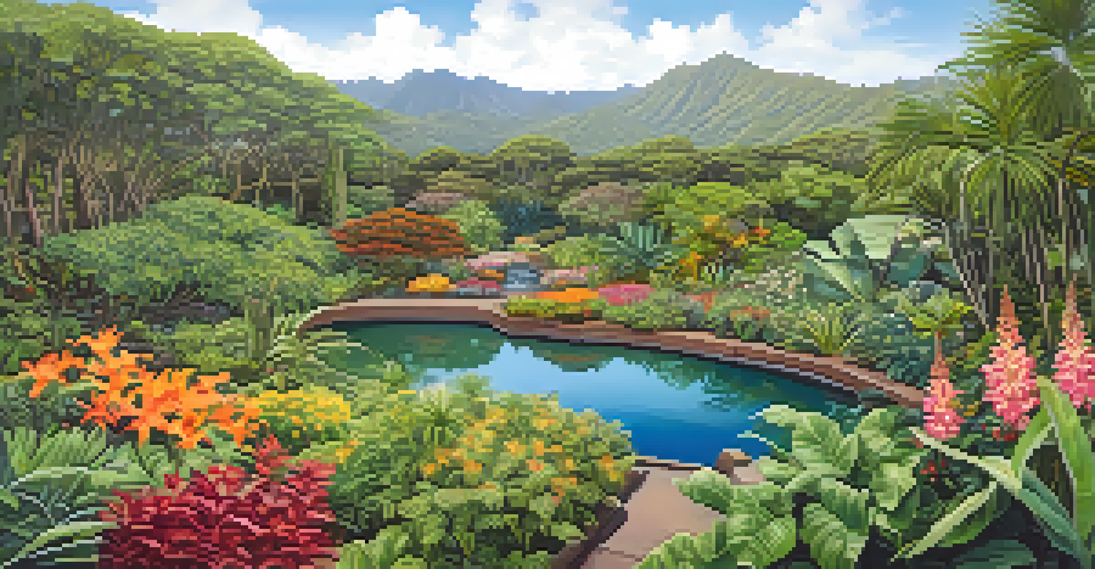 An aerial view of a diverse Hawaiian Botanical Garden with native plants and a reflecting pond.