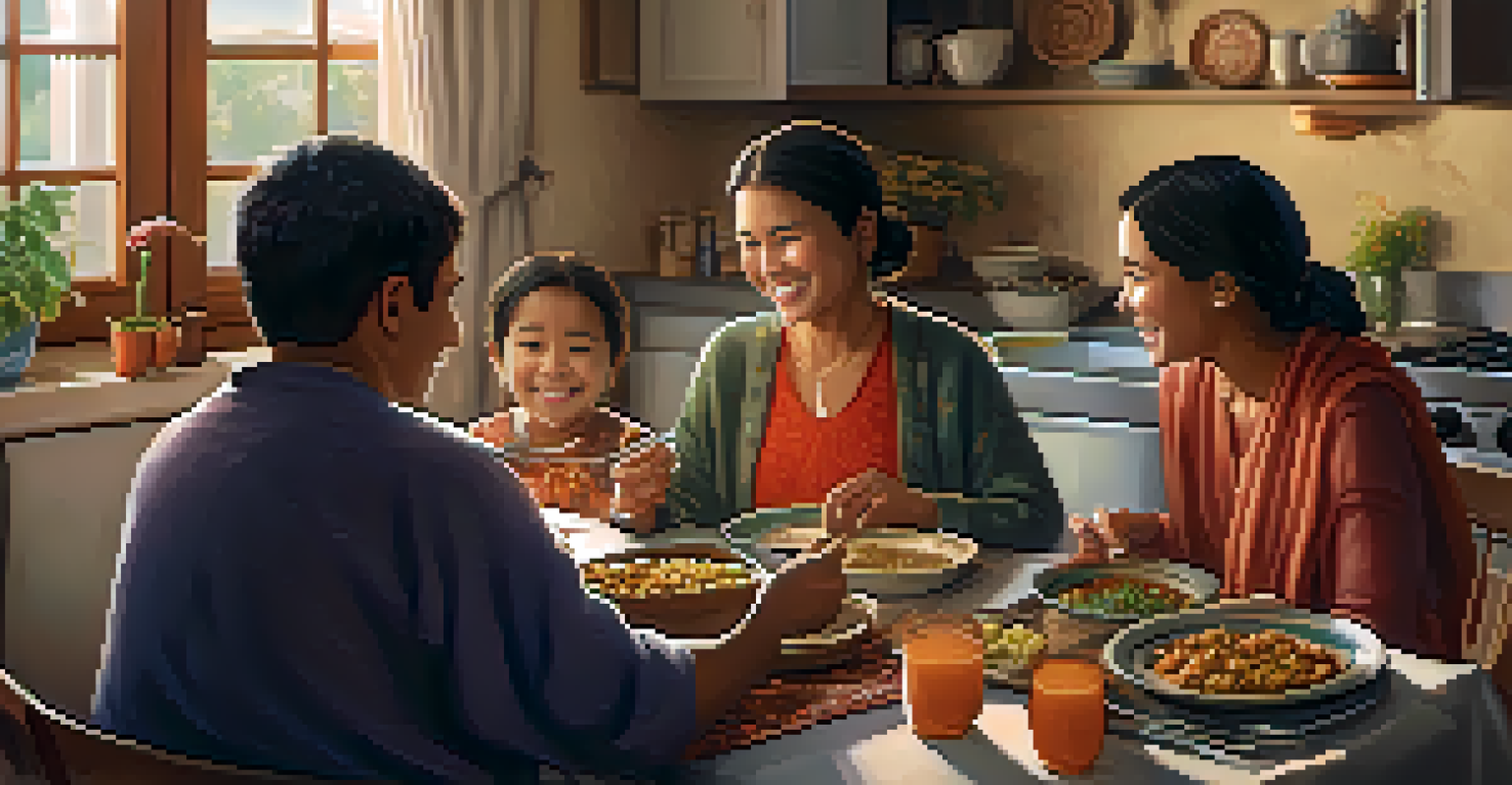 A cultural exchange participant enjoying a meal with a local family in a cozy kitchen.