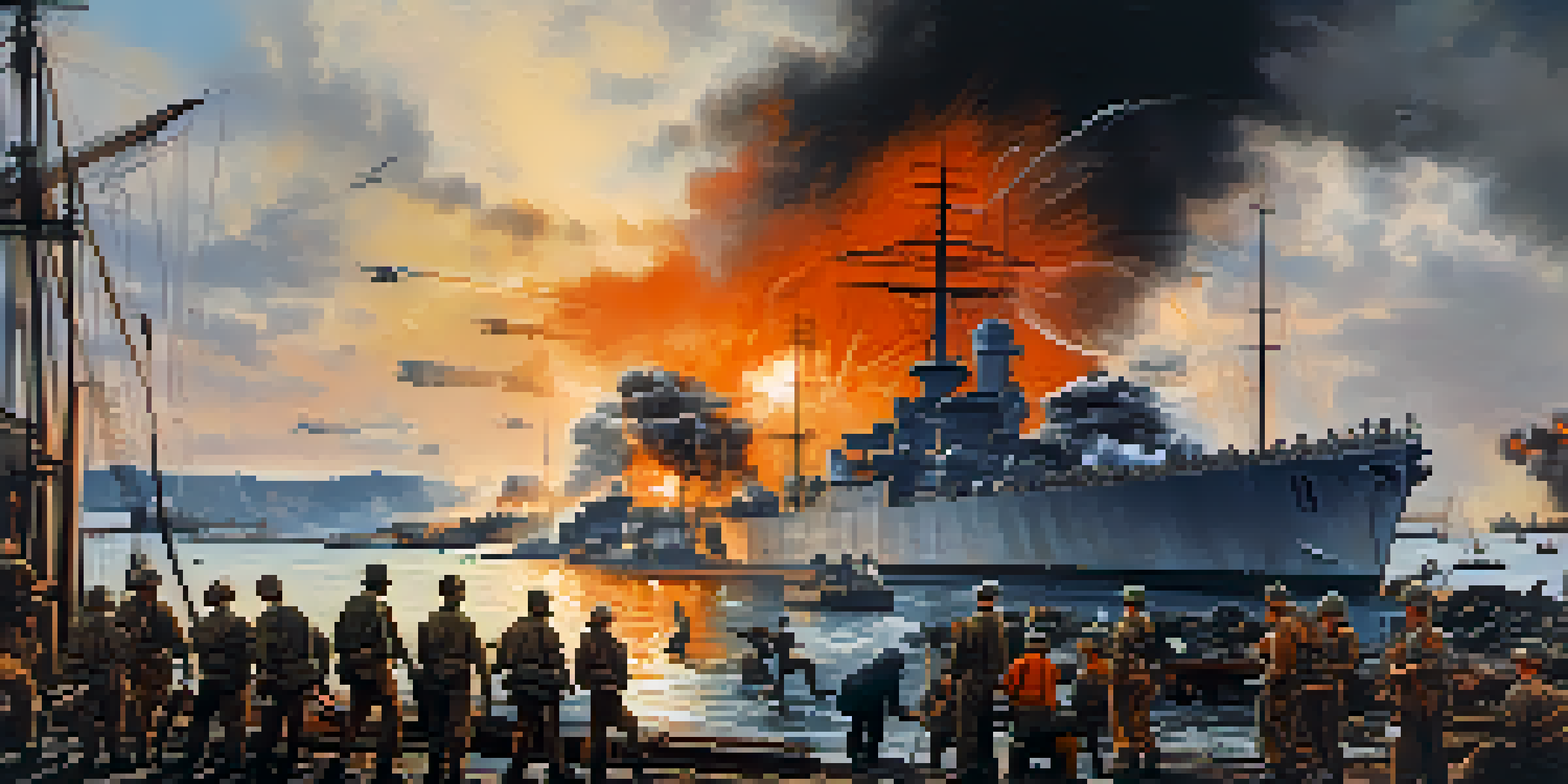 A dramatic historical scene showing the aftermath of the Pearl Harbor attack, with smoke, military personnel, and civilians amidst destruction.