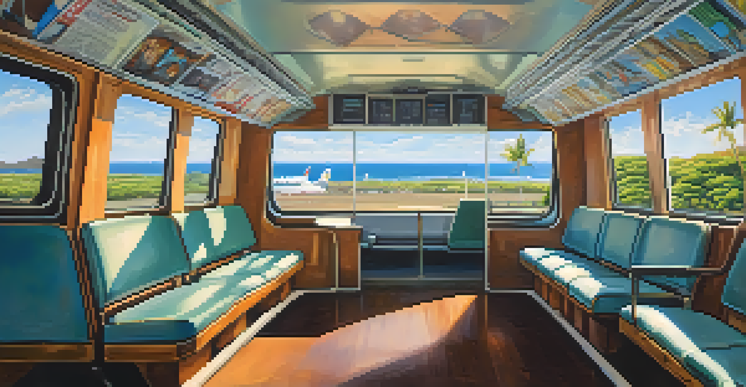 The interior of an airport shuttle in Honolulu, showcasing comfortable seating, large windows with ocean views, and local artwork.