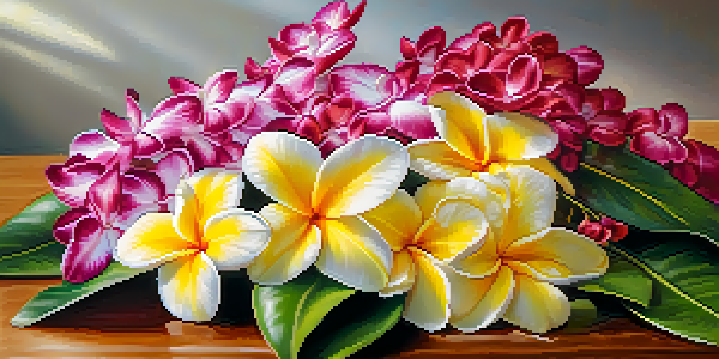 A detailed close-up of a colorful Hawaiian lei made from plumeria and orchids on a wooden table, with sunlight and tropical plants in the background.