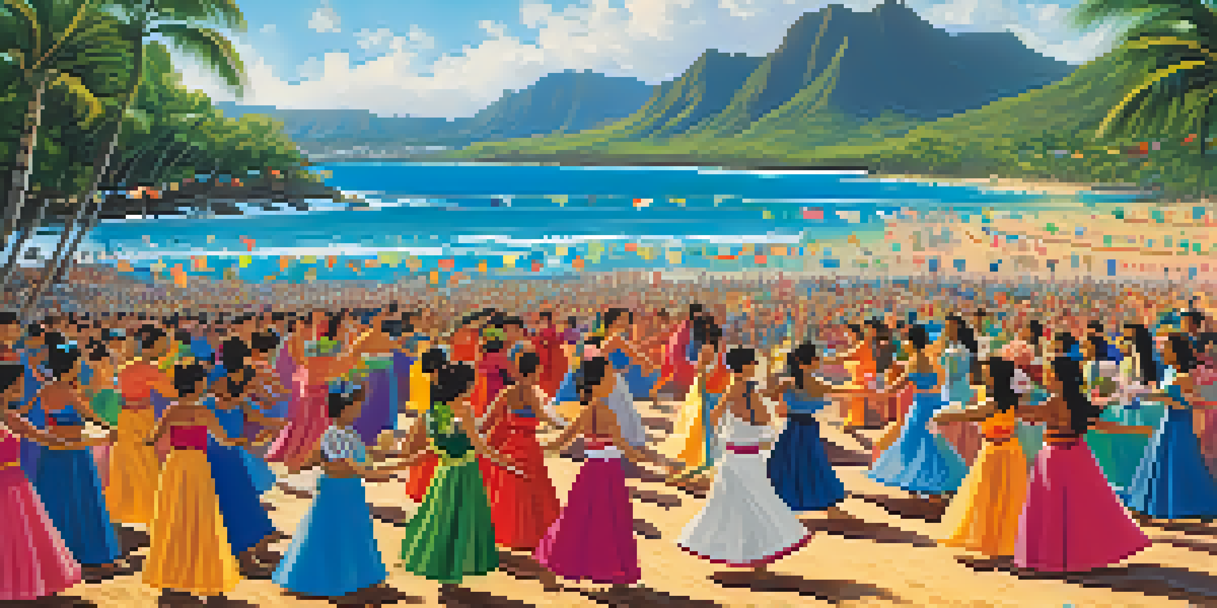 A lively outdoor festival in Honolulu with performers dancing hula in traditional attire, surrounded by a diverse crowd and colorful decorations.