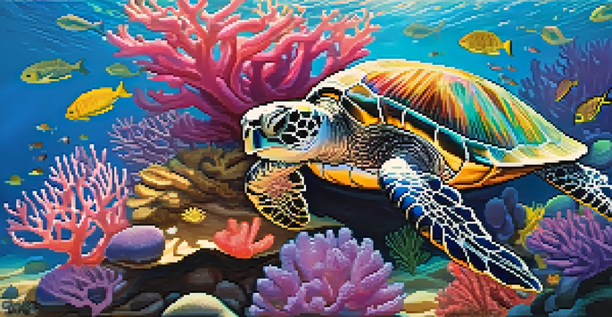 An underwater coral reef with colorful corals and schools of small fish, illuminated by sunlight, featuring a sea turtle gliding nearby.