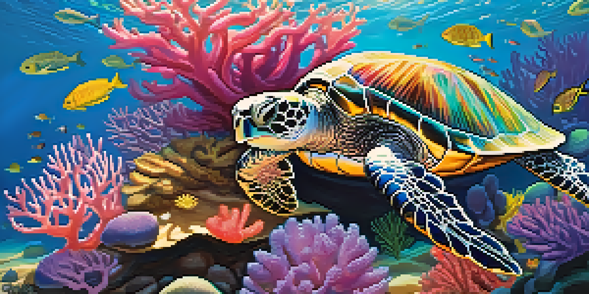 An underwater coral reef with colorful corals and schools of small fish, illuminated by sunlight, featuring a sea turtle gliding nearby.