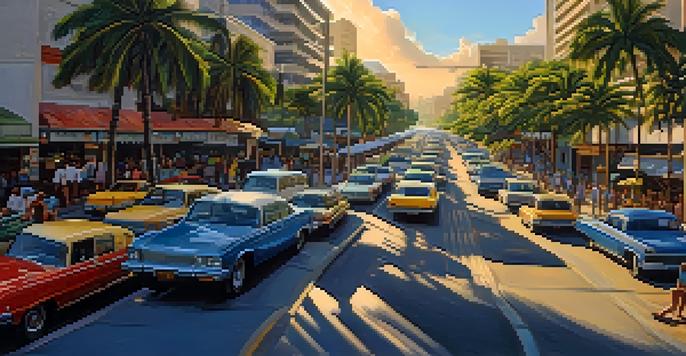 A busy street in Honolulu during morning rush hour, with cars, buses, and pedestrians, under a bright blue sky.