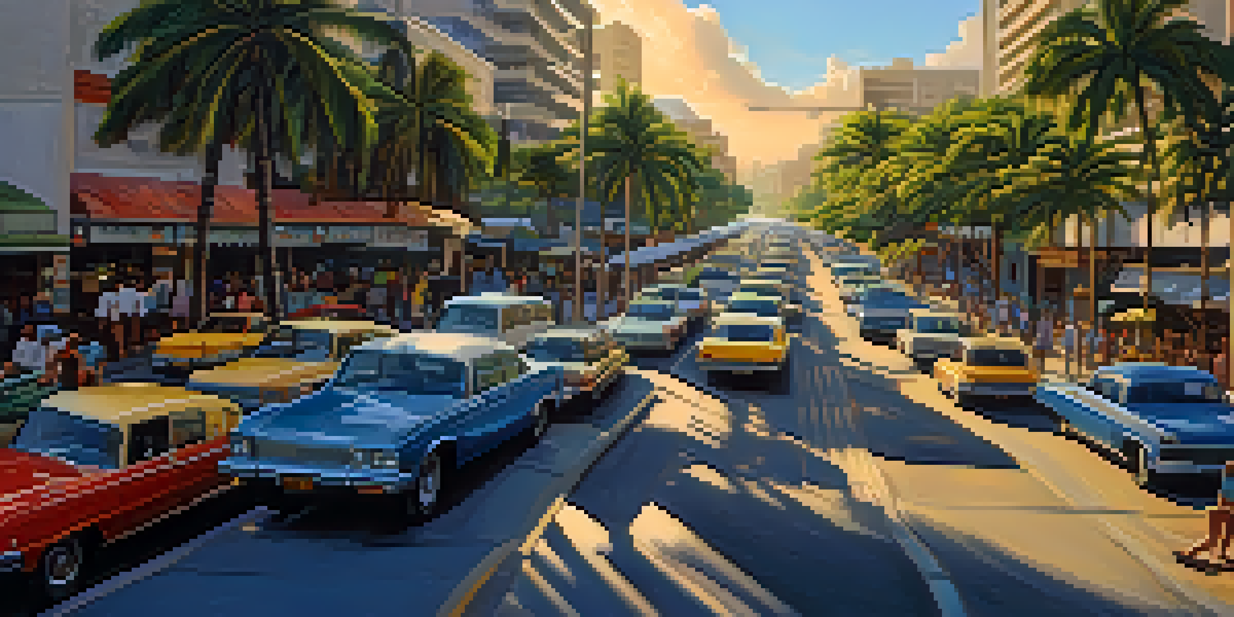 A busy street in Honolulu during morning rush hour, with cars, buses, and pedestrians, under a bright blue sky.