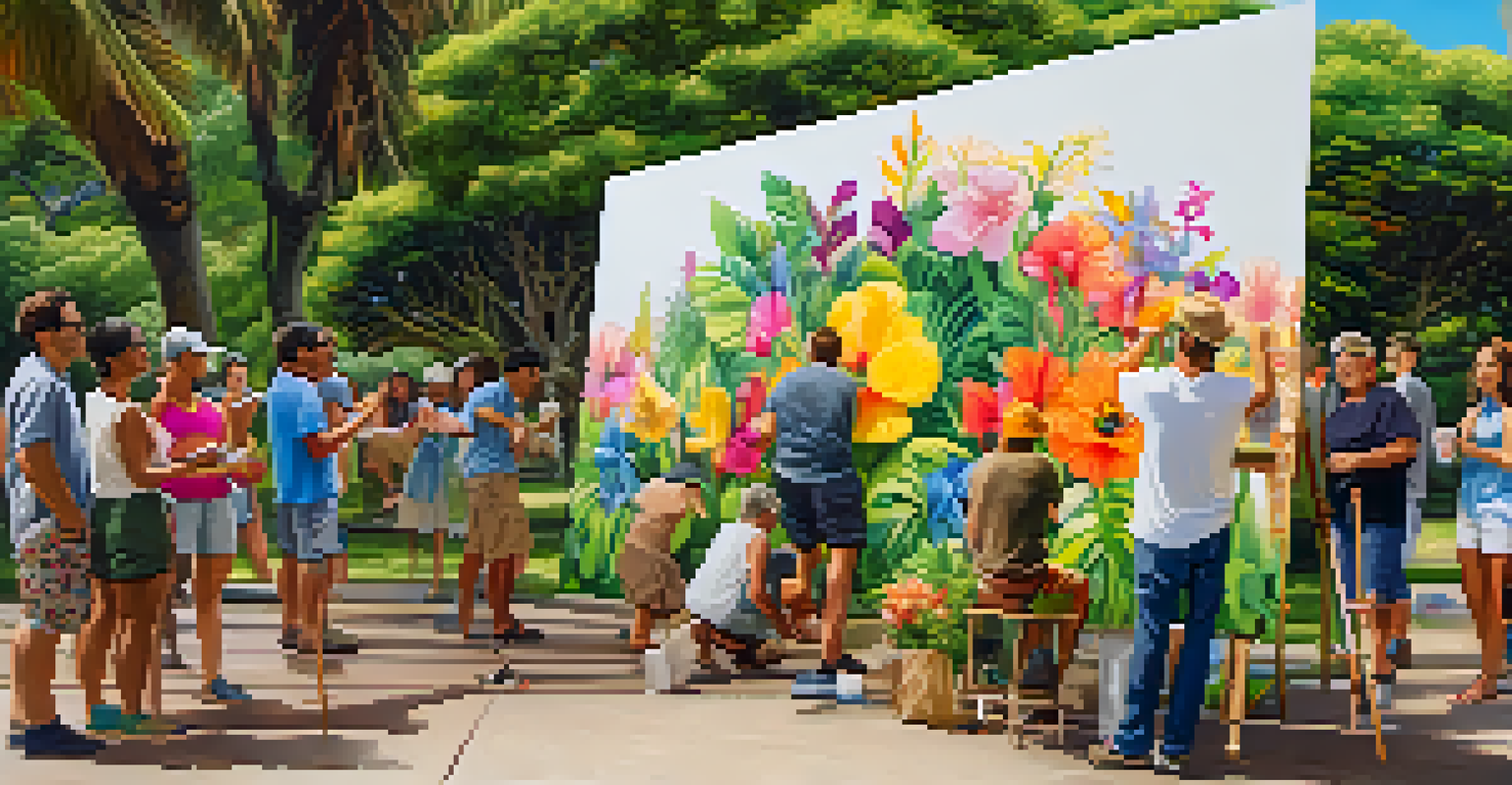 Local artists collaborating on a mural project outdoors, surrounded by greenery and onlookers.